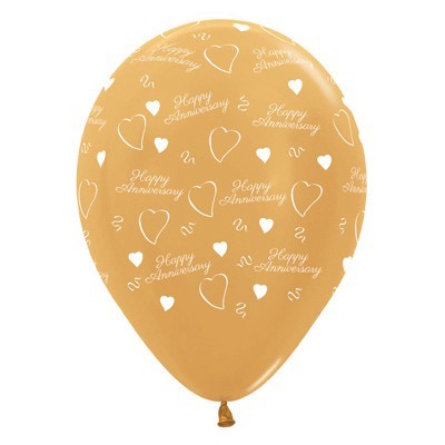 Metallic Gold Happy Anniversary 12in. Latex Balloons Pk 6