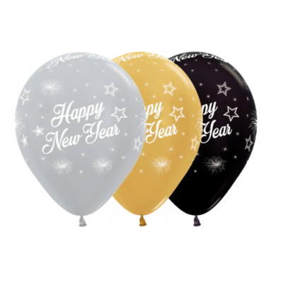 Happy New Year AOP Assorted Metallic 30cm Latex Balloons Pk 12