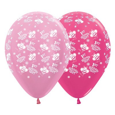 1st Birthday Girl Pinks 12in. Latex Balloons Pk 6