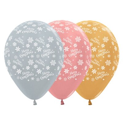 Metallic Merry Christmas Snowflake AOP Latex Balloons 30cm (Pk 25)