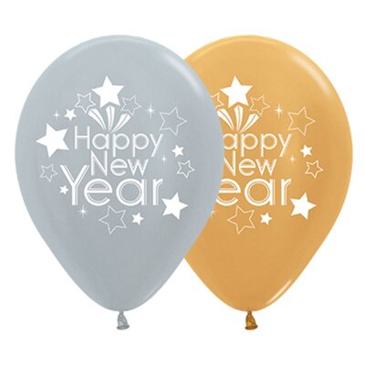 Gold & Silver AOP Happy New Year Latex Balloons 30cm (Pk 10)