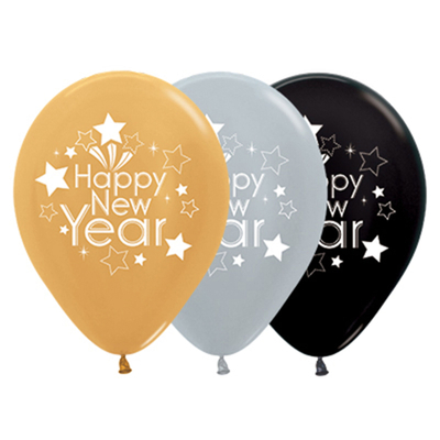 Black Gold Silver AOP Happy New Year Latex Balloons 30cm (Pk 10)