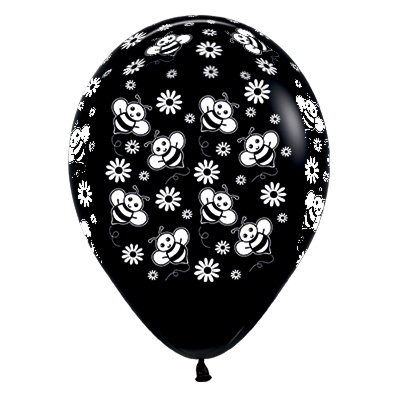 Black Bees & Flowers 30cm 12in Latex Balloons (Pk 6)