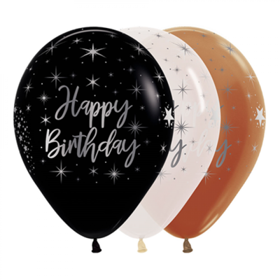 Happy Birthday Assorted Metallic & Crystal 30cm Latex Balloons Pk 12