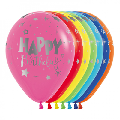 Happy Birthday Assorted Colour 30cm Latex Balloons Pk 12