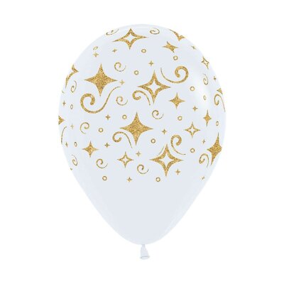 Fashion White with Gold Diamonds 30cm Latex Balloons (Pk 12)