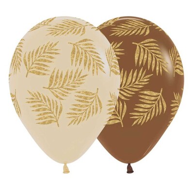 Latte & Gold Glitter Palm Leaf 30cm Latex Balloons Pk 12