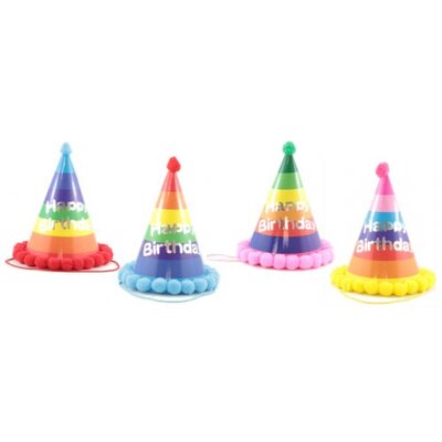 Rainbow Happy Birthday Party Hats with Pompoms (Pk 20)