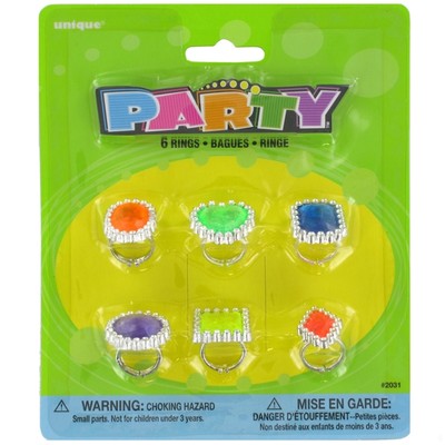 Party Favours - Coloured Gem Rings Pk 6 