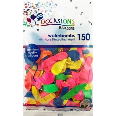 Water Bomb Latex Balloons 5cm with Hose Attachment (Assorted Colours) Pk 150