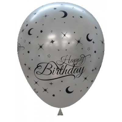 Metallic Silver Happy Birthday AOP 30cm Latex Balloons Pk 6
