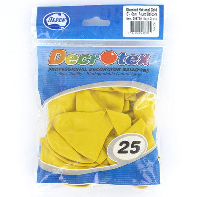Standard Yellow 30cm Latex Balloons (National Gold) Pk 25