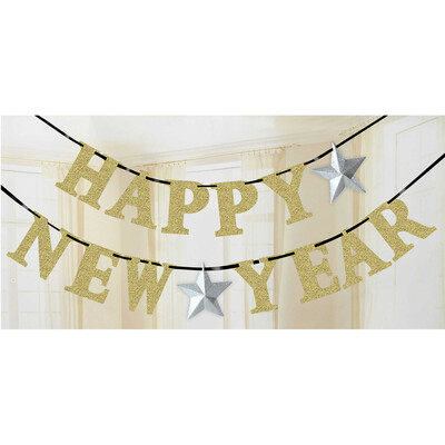 Happy New Year Star Gold & Silver Glittered Letter Banner (3.65m) Pk 1