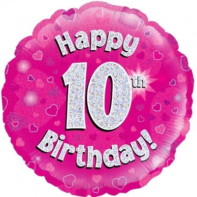 Happy 10th Birthday Pink Holographic 18in. Foil Balloon Pk 1