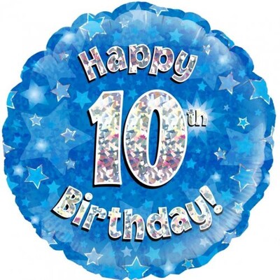 Happy 10th Birthday Blue Holographic 18in. Foil Balloon Pk 1