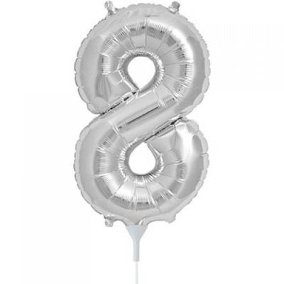 Small Silver Number 8 16in. Foil Balloon Pk 1 (Air Inflation Only / Stick & Cup Not Included)