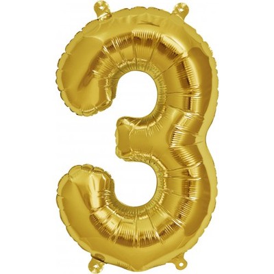 Small Gold Number 3 16in. Foil Balloon Pk 1 (Air Inflation Only / Stick & Cup Not Included)
