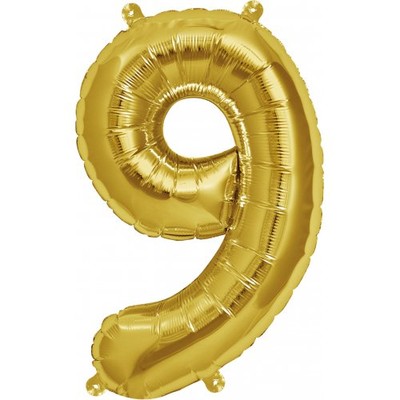 Small Gold Number 9 16in. Foil Balloon Pk 1 (Air Inflation Only / Stick & Cup Not Included)