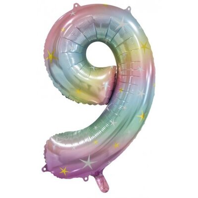 Pastel Rainbow Number 9 Foil Supershape Balloon (34in,/85cm) Pk 1