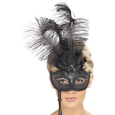 Black Feather Baroque Fantasy Masquerade Eye Mask on Stick