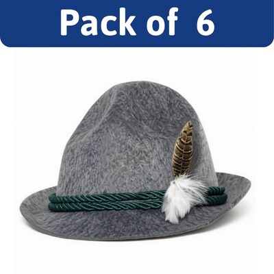 Oktoberfest Grey German Trenker Hat with Feather Pack of 6 | Adult Bavarian Costume Hats
