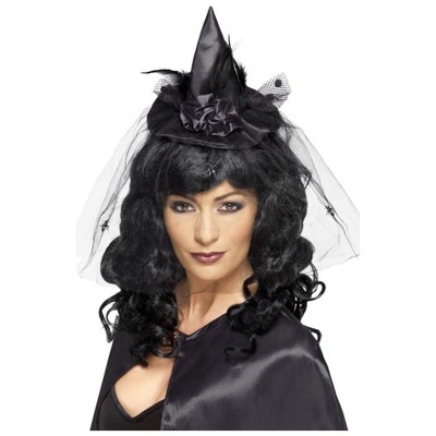 Halloween Mini Black Witch Hat on Headband with Veil Pk 1