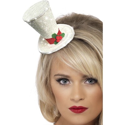 Christmas White Glitter Mini Top Hat on Headband Pk 1