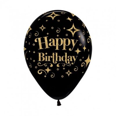 Black Happy Birthday Gold Glitter 30cm Latex Balloons (Pk 10)