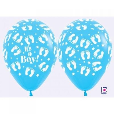 Blue Baby Shower Latex Balloons with White Baby Feet Print Pk 10