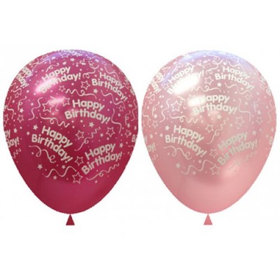 Metallic & Pearl Pinks Happy Birthday AOP 30cm Latex Balloons Pk 10