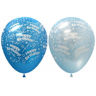 Metallic & Pearl Blues Happy Birthday AOP 30cm Latex Balloons Pk 10