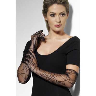 Long Black Spiderweb Lace Gloves (1 Pair)