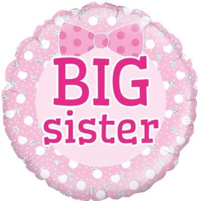 Big Sister Round Foil Balloon Pink Hair Bow 14 Inch Air or Helium