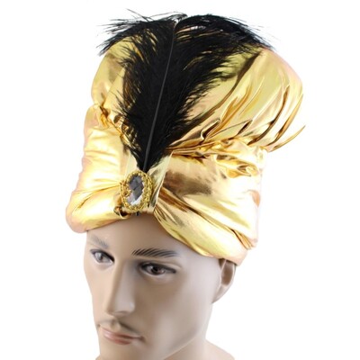 Soft Gold Turban with Crystal & Feather  Pk 1 