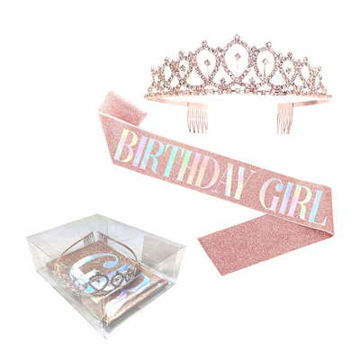 Rose Gold & Silver Glitter Birthday Girl Sash & Tiara Set 