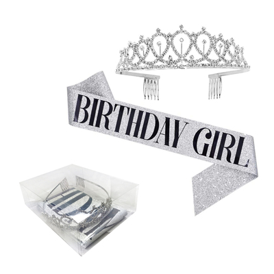 Black & Silver Glitter Birthday Girl Sash & Tiara Set