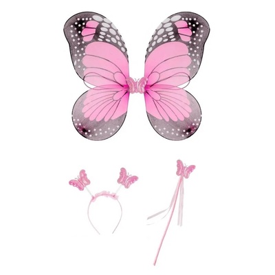 Child Pink Butterfly Wings Wand Headband Set