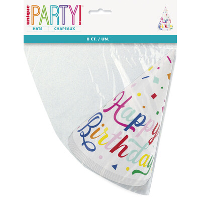 Colourful Confetti Happy Birthday Party Hats (Pk 8)