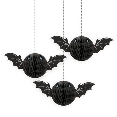 Black Honeycomb Halloween Bats Hanging Decorations (Pk 3)