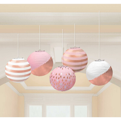 Assorted Design Pink & Rose Gold Round Lanterns (12.7cm) Pk 5