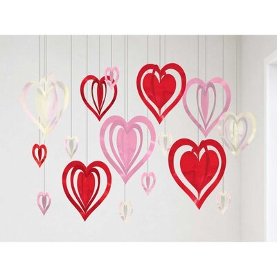 Red Pink Hanging 3D Hearts String Decorations (Pk 16)