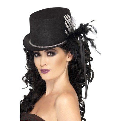 Halloween Black Top Hat with Skeleton Hand, Feathers & Ribbon Pk 1