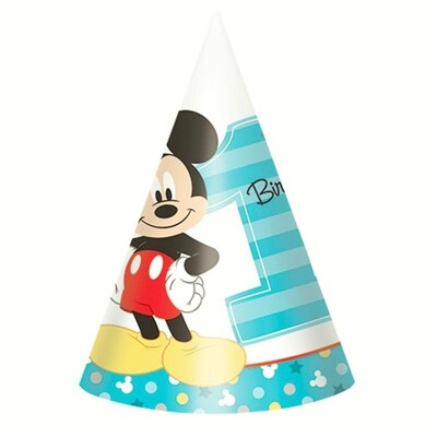 Mickey Mouse 1st Birthday Party Hats Pk 8