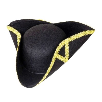 Black Pirate Tricorn Hat Gold Trim Adult Fancy Dress Costume Accessory