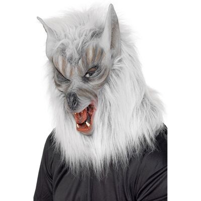 Halloween Full Head Silver Latex Wolf Mask with Hair