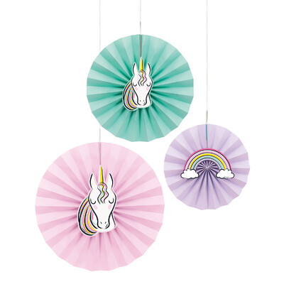Pastel Unicorn Paper Fans Decorations (Pk 3)