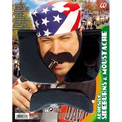 Adhesive Black Mutton Chop Sideburns & Moustache