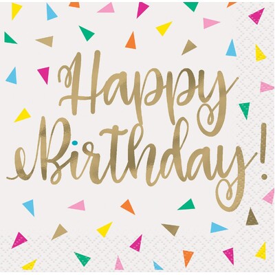 Bright Triangles Happy Birthday Cocktail Napkins 16 Pack | 2 Ply Paper Beverage Napkins 25cm