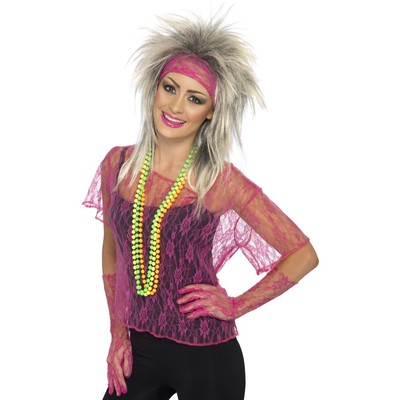 80's Pink Lace Costume Set - Top, Headband & Gloves