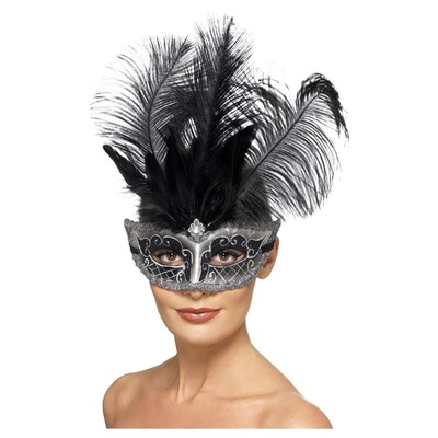 Venetian Columbina Silver Masquerade Mask with Black Feather Pk 1